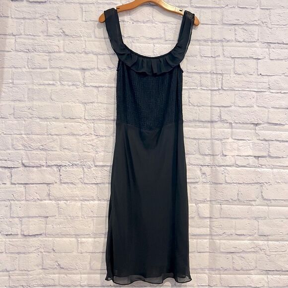 Ralph By Ralph Lauren Black Dress Sleeveless Ruffle Sheer Overlay Midi Elegant - Picture 1 of 8
